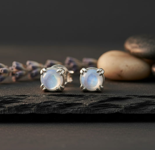 Mystic Glow Studs: Natural Round Moonstone Earrings in Sterling Silver