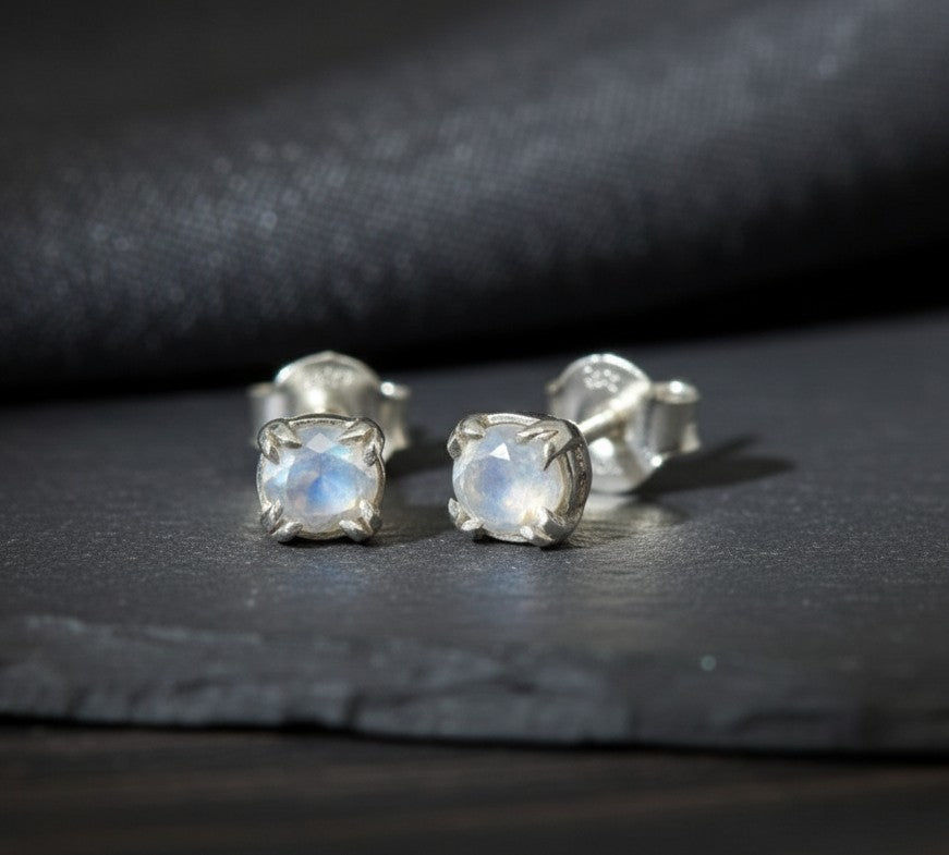 Mystic Glow Studs: Natural Round Moonstone Earrings in Sterling Silver