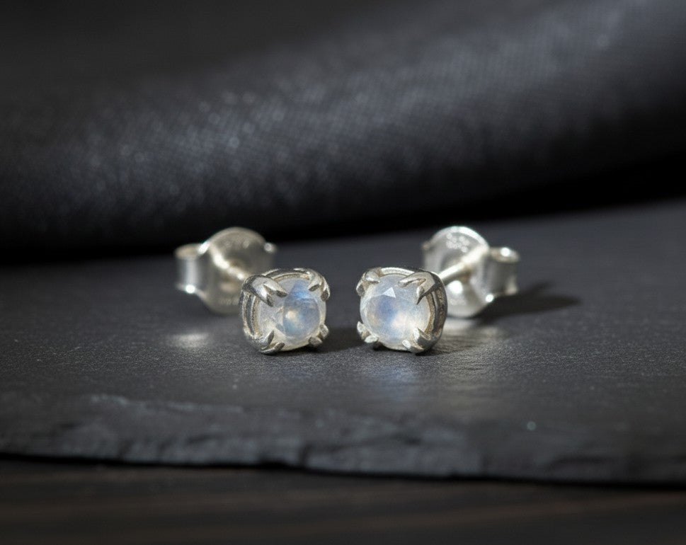 Mystic Glow Studs: Natural Round Moonstone Earrings in Sterling Silver