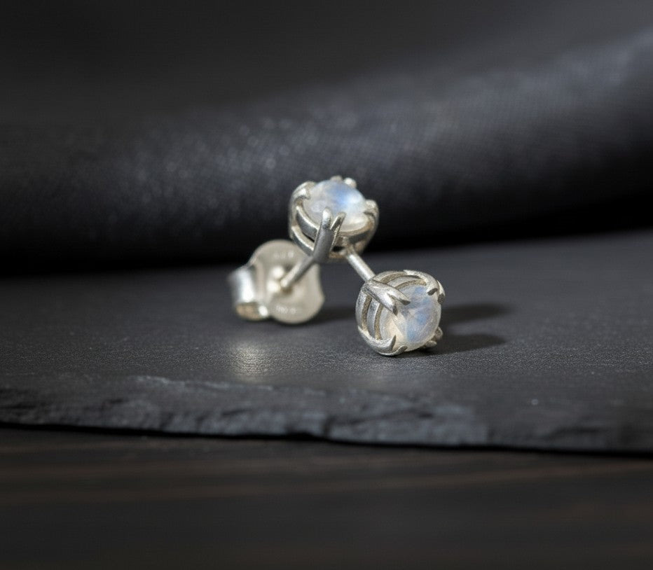 Mystic Glow Studs: Natural Round Moonstone Earrings in Sterling Silver