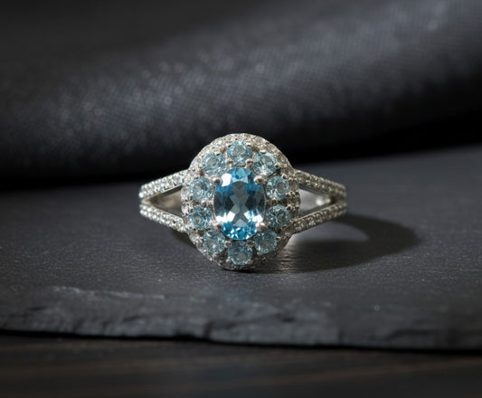 Celestial Halo Ring: Natural Blue Topaz Cluster with Moissanite Split Band