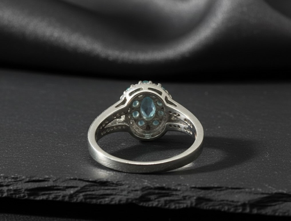 Celestial Halo Ring: Natural Blue Topaz Cluster with Moissanite Split Band