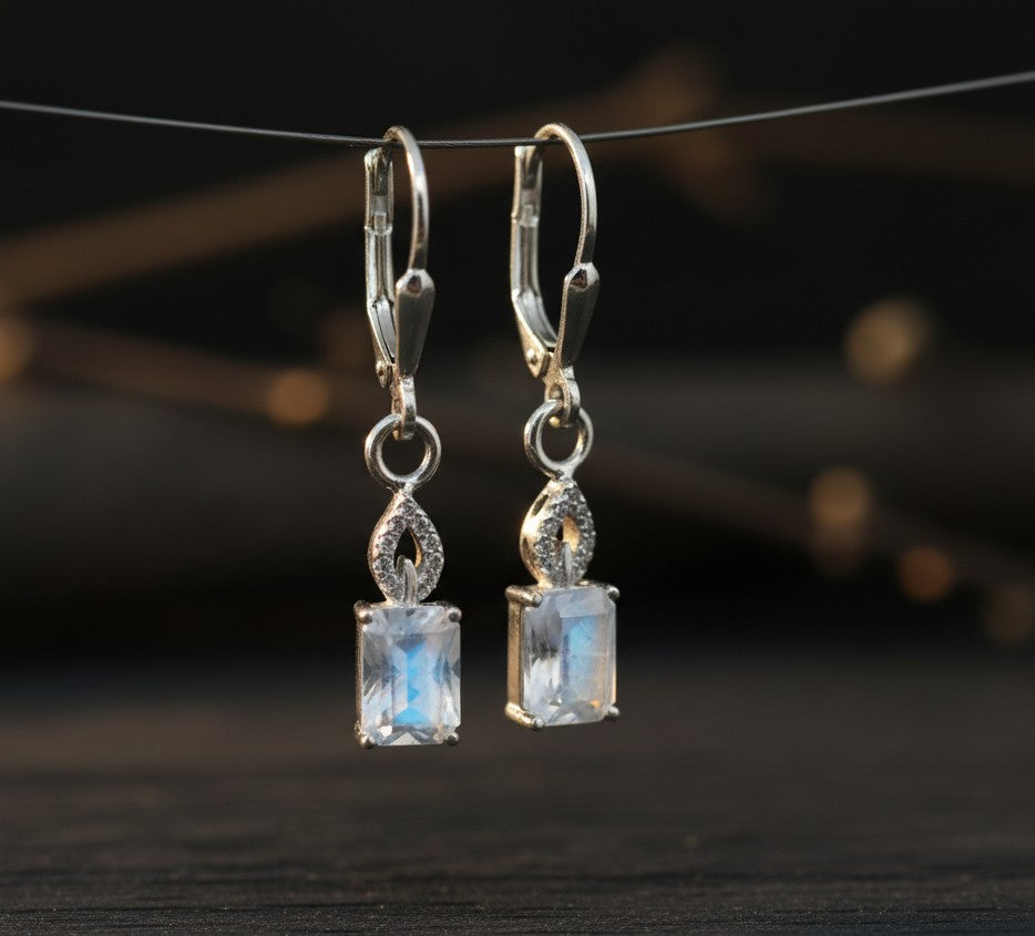 Celestial Drop Earrings: Natural Blue Flash Moonstone & Dazzling Moissanite Accents