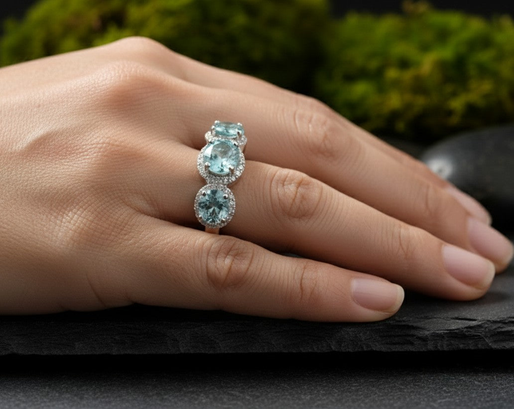 Ocean Serenity Ring: Natural Blue Topaz & Brilliant Moissanite Halo Band