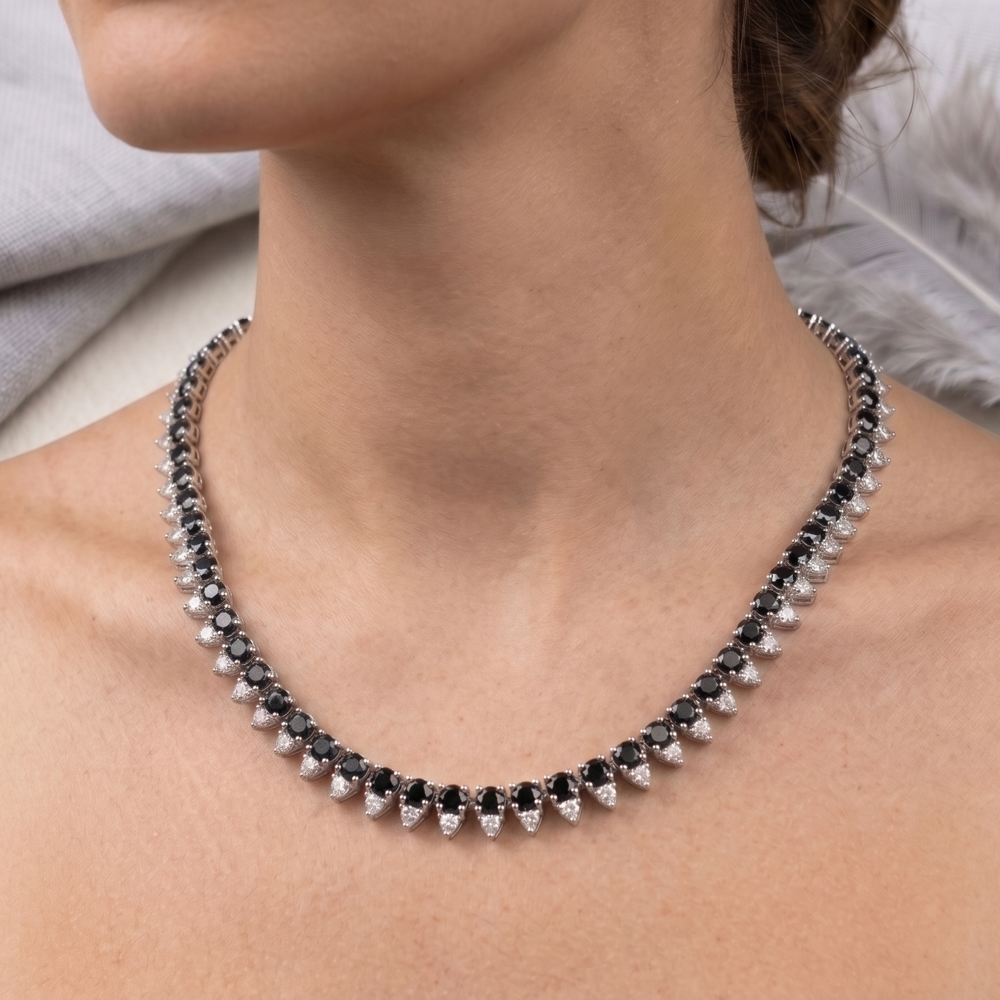 Blue Sapphire Crown Halo Tennis Necklace – Round Cut Gemstone Strand Necklace for Women
