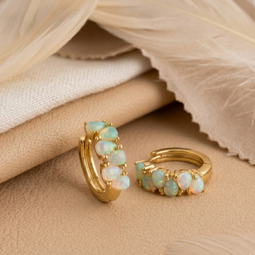 Pear Cut White Opal Huggie Earrings – Gold Plated Opal Drop Hoops for Women