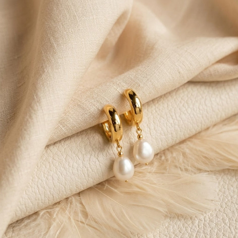 Freshwater Pearl Drop Huggie Earrings – Oval Pearl Dangle Hoops for Women