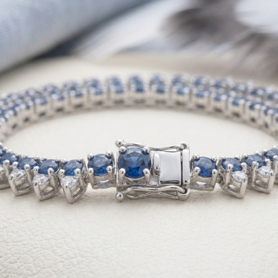Blue Sapphire Halo Tennis Necklace – Round Cut Gemstone Strand Necklace for Women