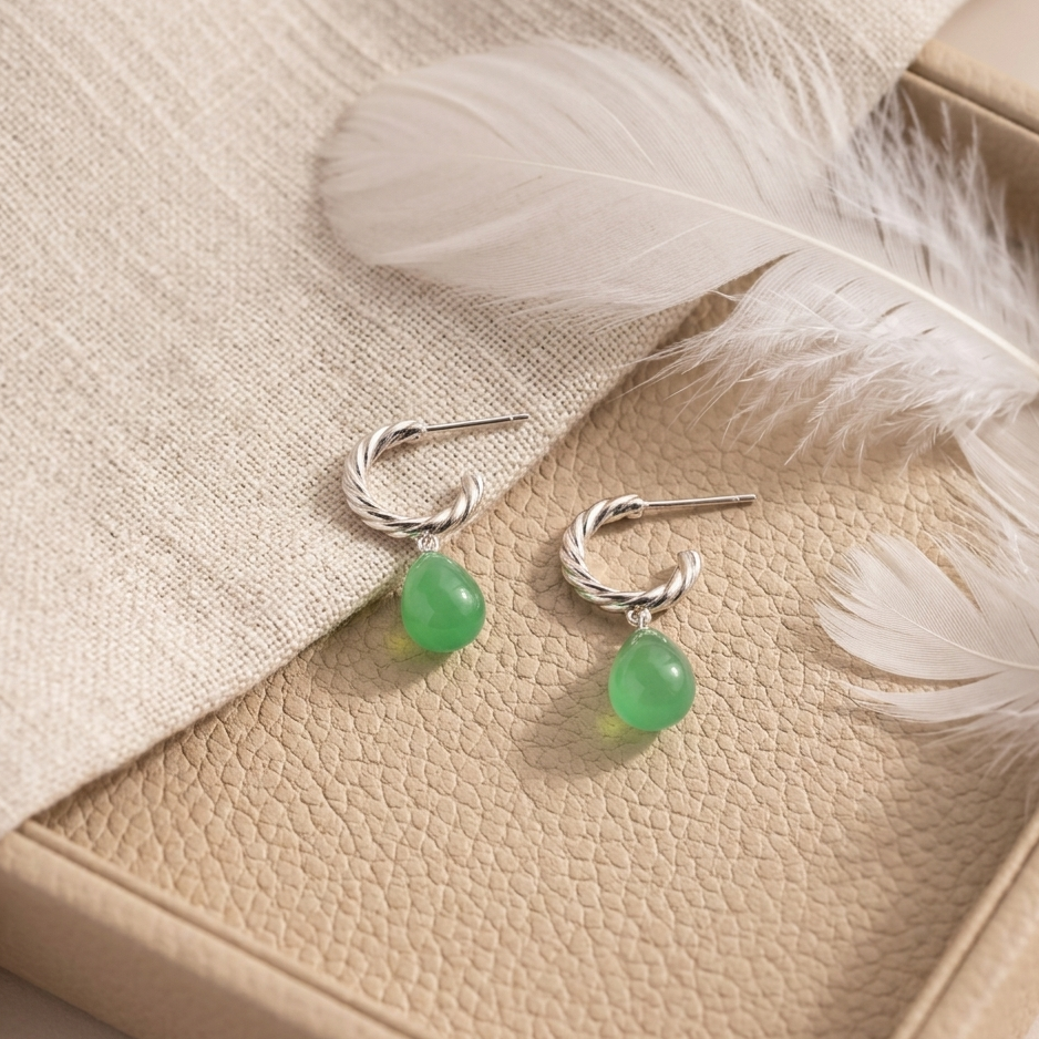 Green Jade Teardrop Dangle Earrings – Twisted Rope Hoop Earrings for Women