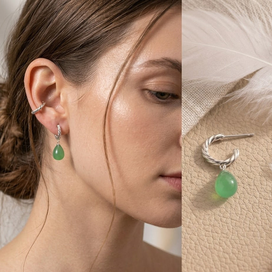 Green Jade Teardrop Dangle Earrings – Twisted Rope Hoop Earrings for Women