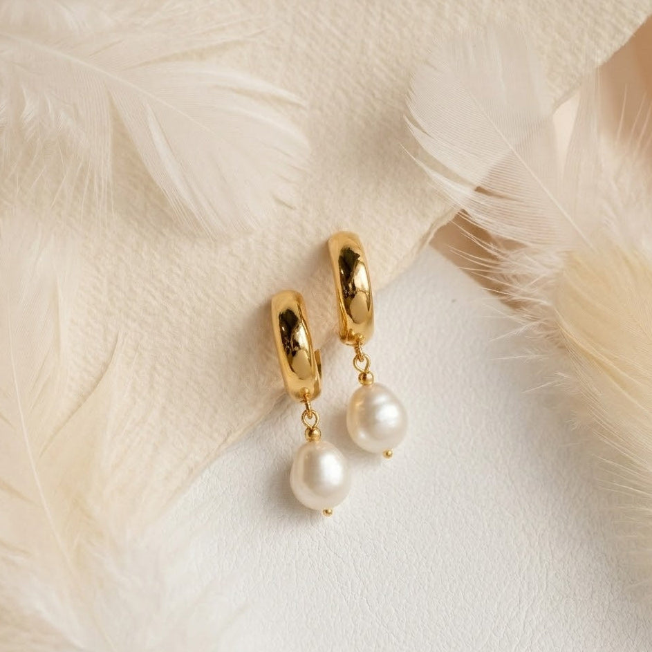 Freshwater Pearl Drop Huggie Earrings – Oval Pearl Dangle Hoops for Women