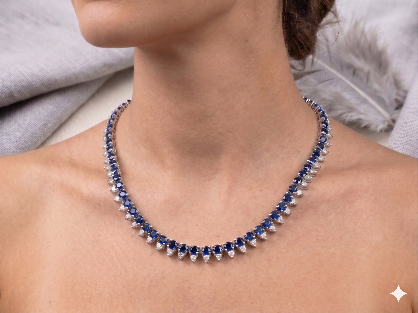 Blue Sapphire Halo Tennis Necklace – Round Cut Gemstone Strand Necklace for Women