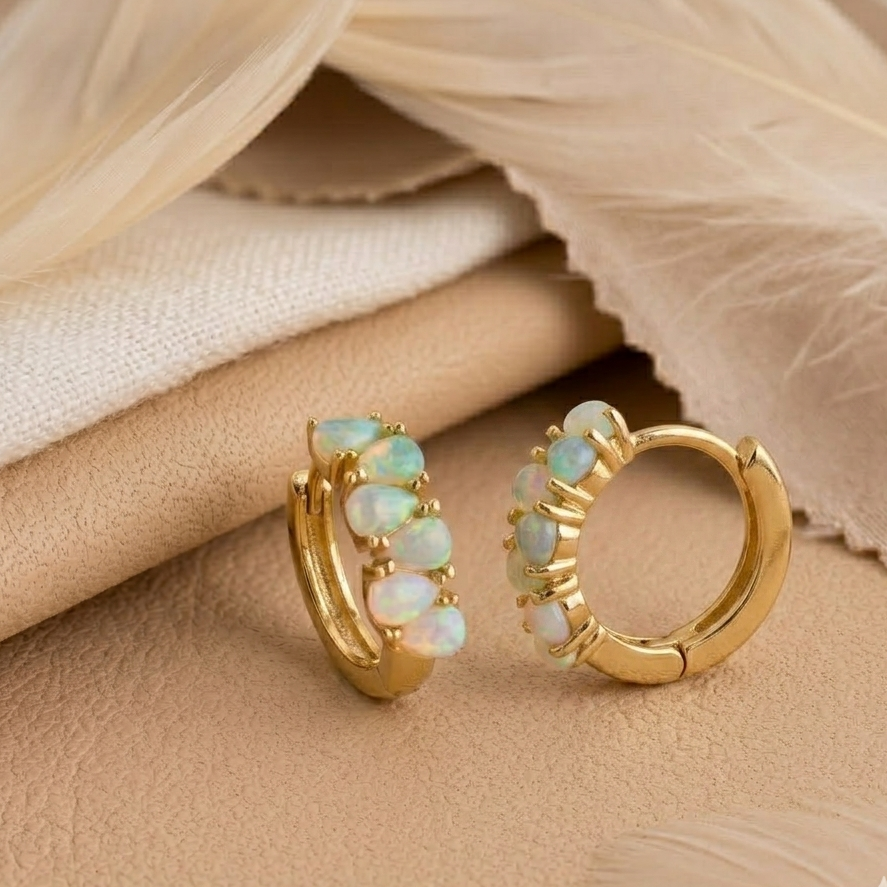 Pear Cut White Opal Huggie Earrings – Gold Plated Opal Drop Hoops for Women