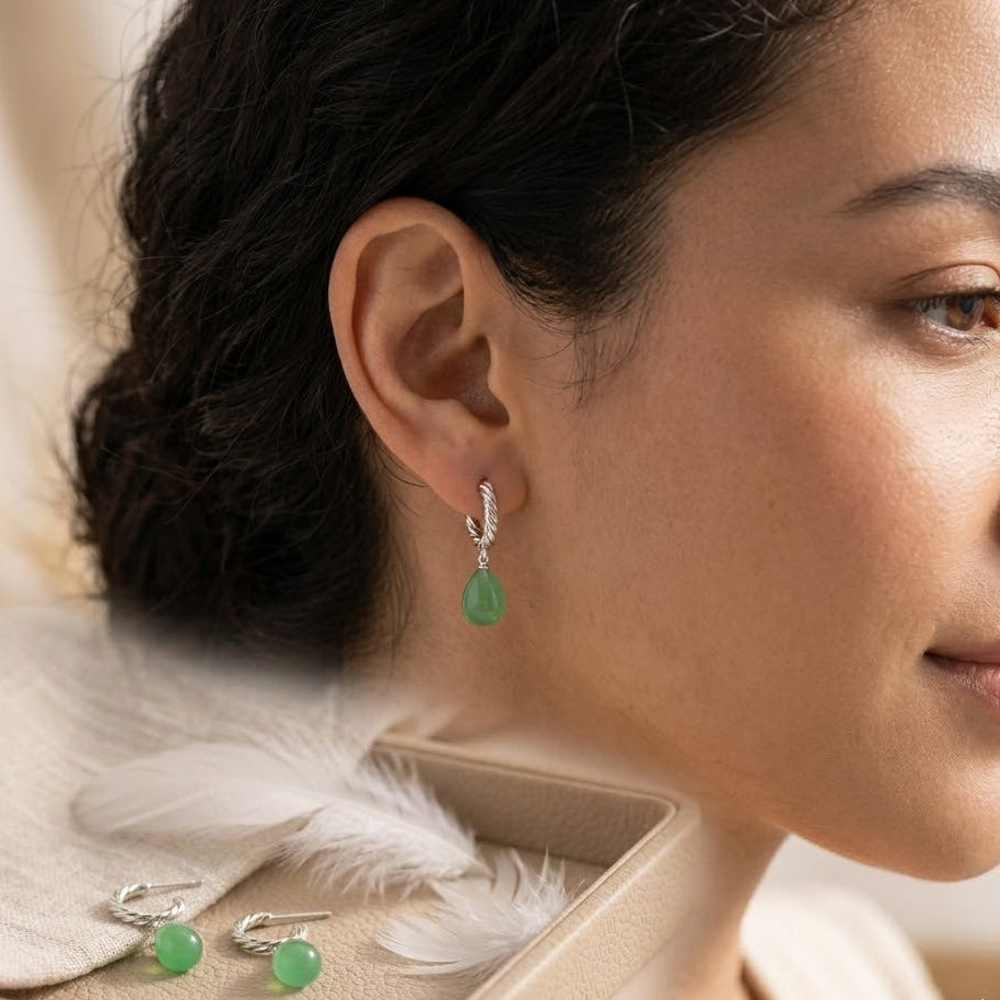 Green Jade Teardrop Dangle Earrings – Twisted Rope Hoop Earrings for Women