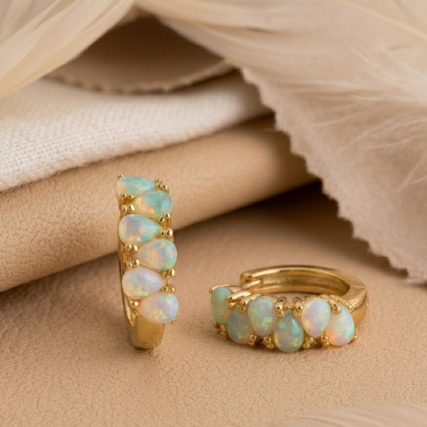 Pear Cut White Opal Huggie Earrings – Gold Plated Opal Drop Hoops for Women