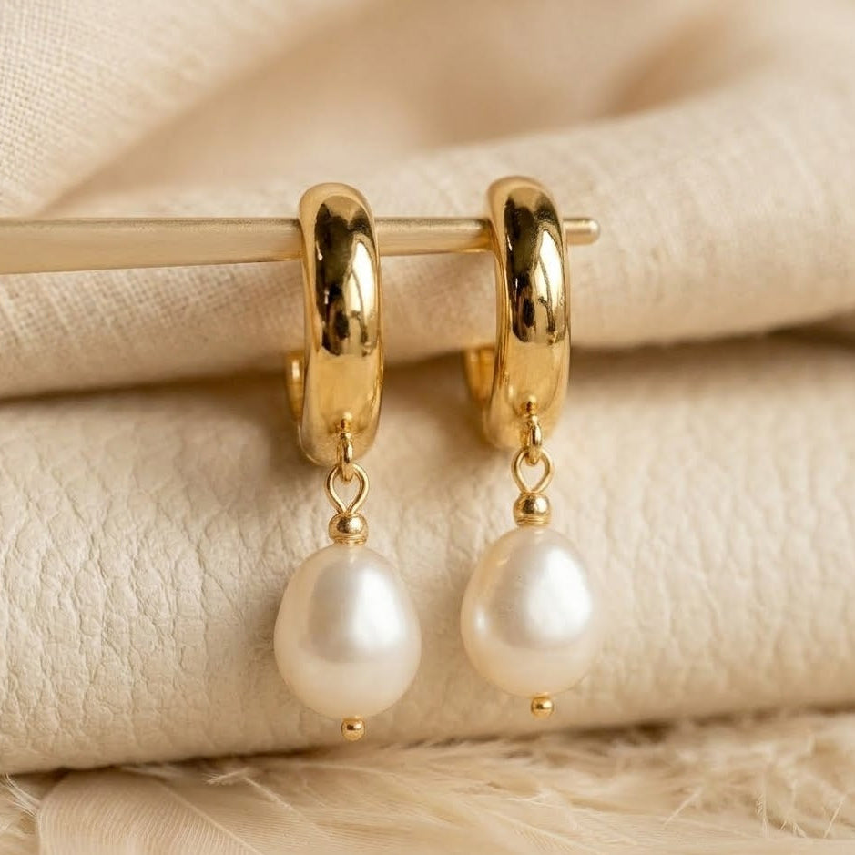 Freshwater Pearl Drop Huggie Earrings – Oval Pearl Dangle Hoops for Women