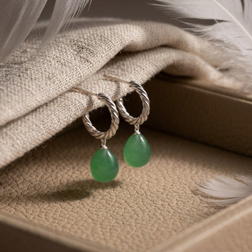Green Jade Teardrop Dangle Earrings – Twisted Rope Hoop Earrings for Women