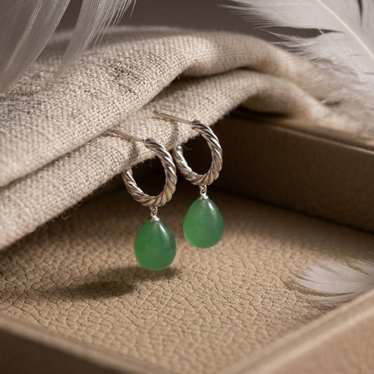 Green Jade Teardrop Dangle Earrings – Twisted Rope Hoop Earrings for Women