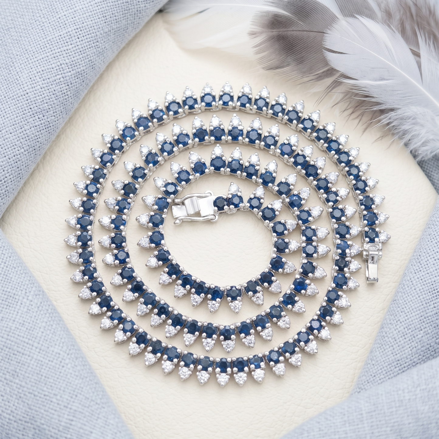 Blue Sapphire Halo Tennis Necklace – Round Cut Gemstone Strand Necklace for Women