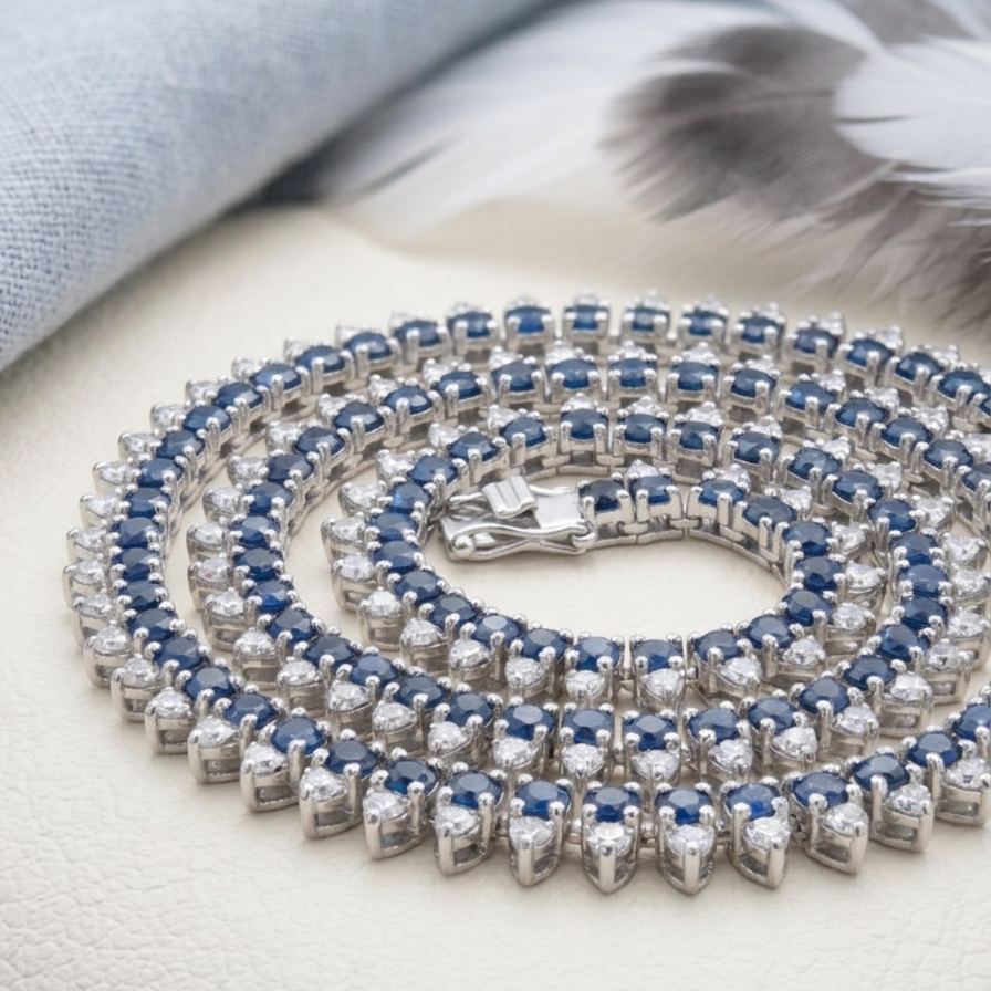 Blue Sapphire Halo Tennis Necklace – Round Cut Gemstone Strand Necklace for Women
