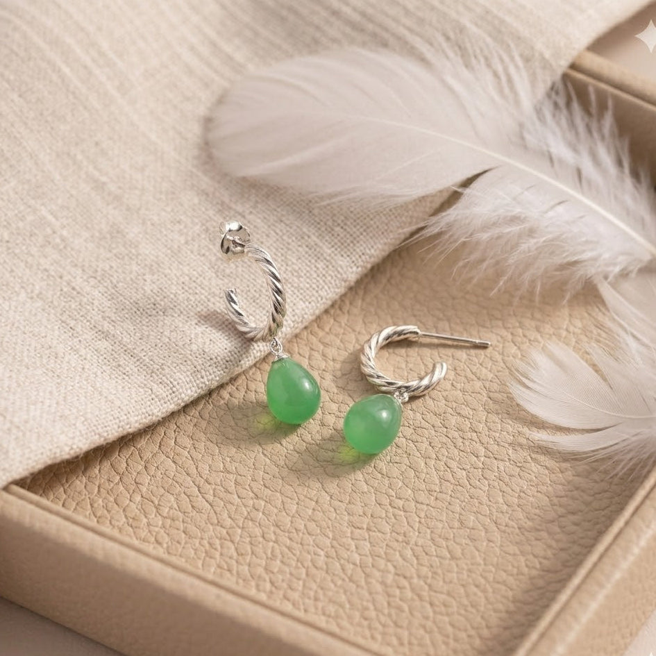 Green Jade Teardrop Dangle Earrings – Twisted Rope Hoop Earrings for Women