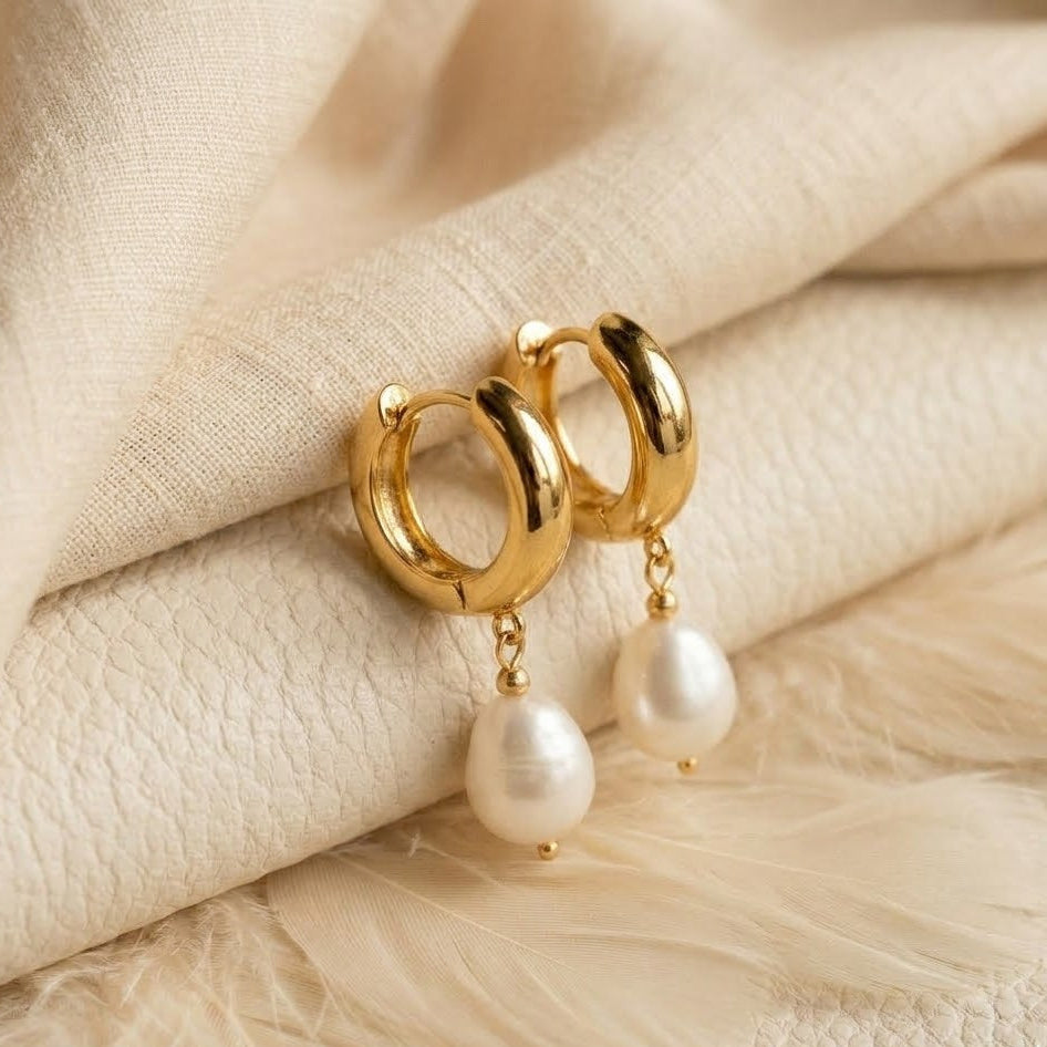 Freshwater Pearl Drop Huggie Earrings – Oval Pearl Dangle Hoops for Women