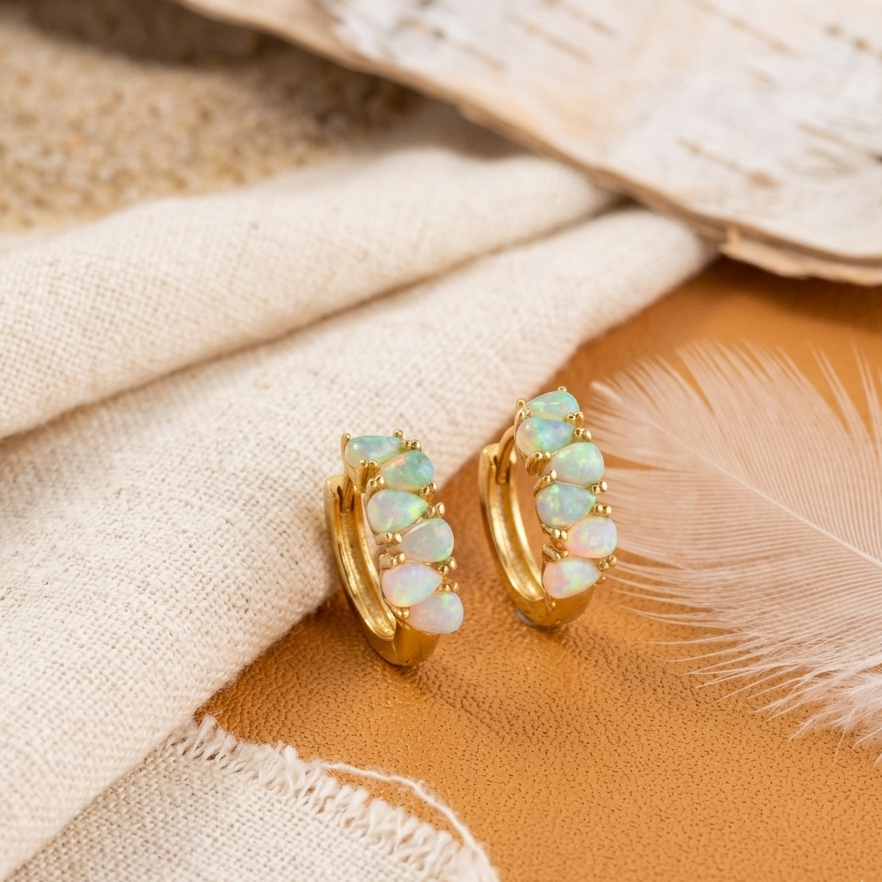 Pear Cut White Opal Huggie Earrings – Gold Plated Opal Drop Hoops for Women