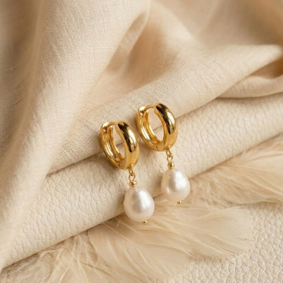 Freshwater Pearl Drop Huggie Earrings – Oval Pearl Dangle Hoops for Women
