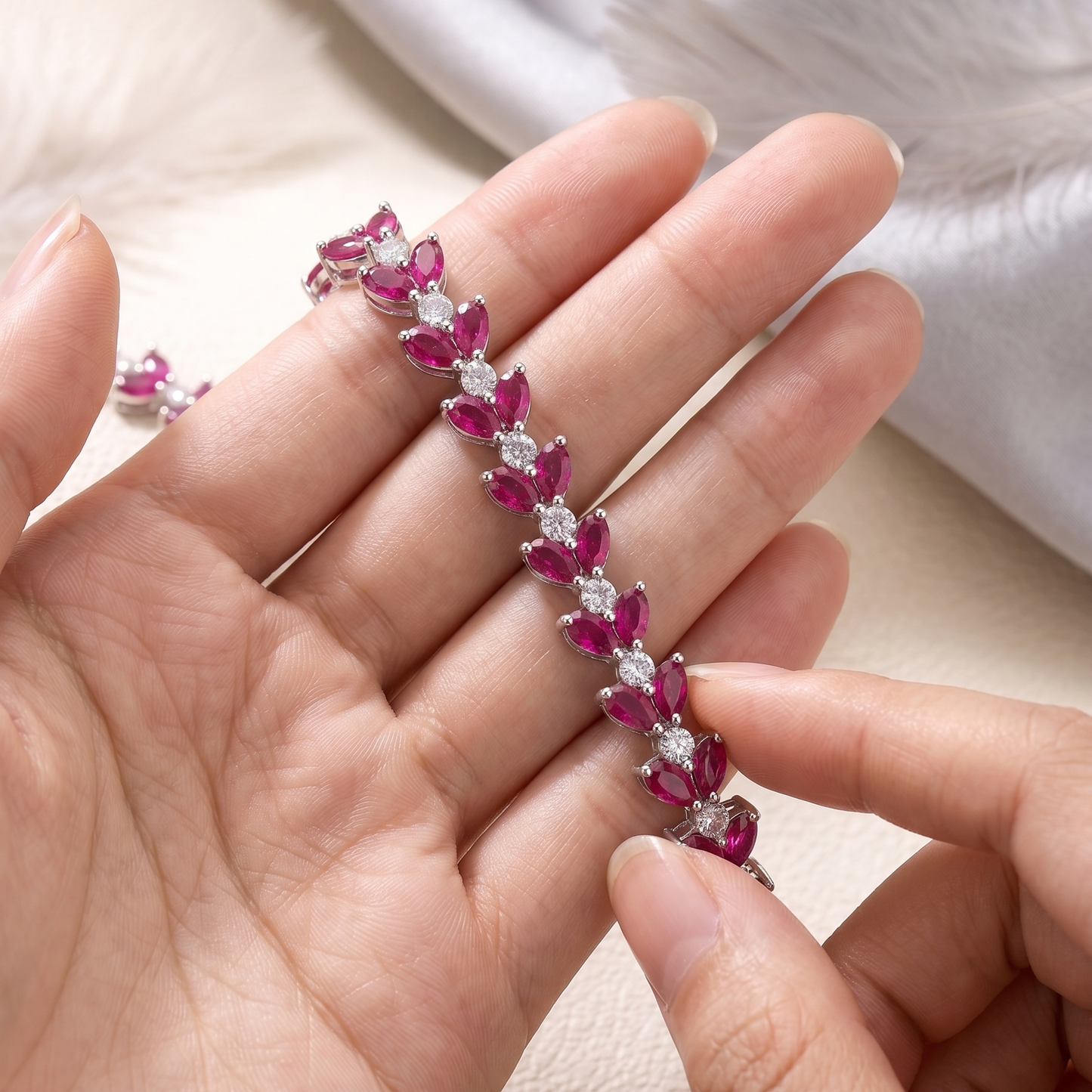 Ruby Marquise Tennis Bracelet – Art Deco Leaf Link Bracelet for Women