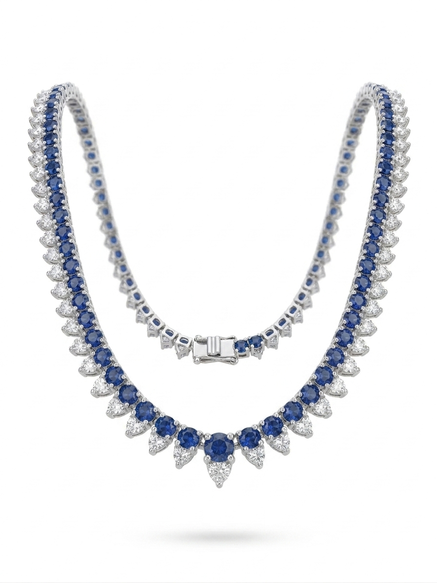 Blue Sapphire Halo Tennis Necklace – Round Cut Gemstone Strand Necklace for Women
