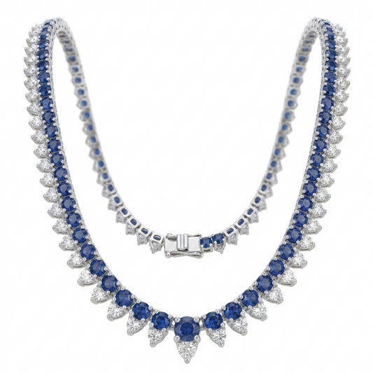 Blue Sapphire Halo Tennis Necklace – Round Cut Gemstone Strand Necklace for Women