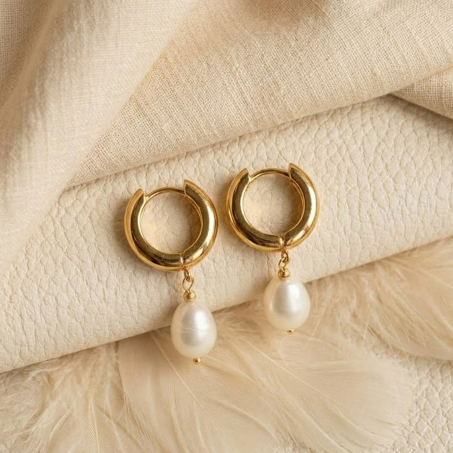 Freshwater Pearl Drop Huggie Earrings – Oval Pearl Dangle Hoops for Women
