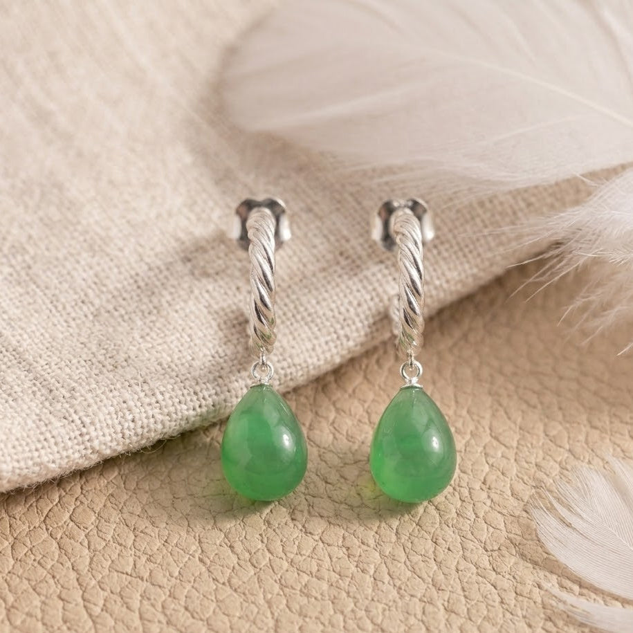 Green Jade Teardrop Dangle Earrings – Twisted Rope Hoop Earrings for Women