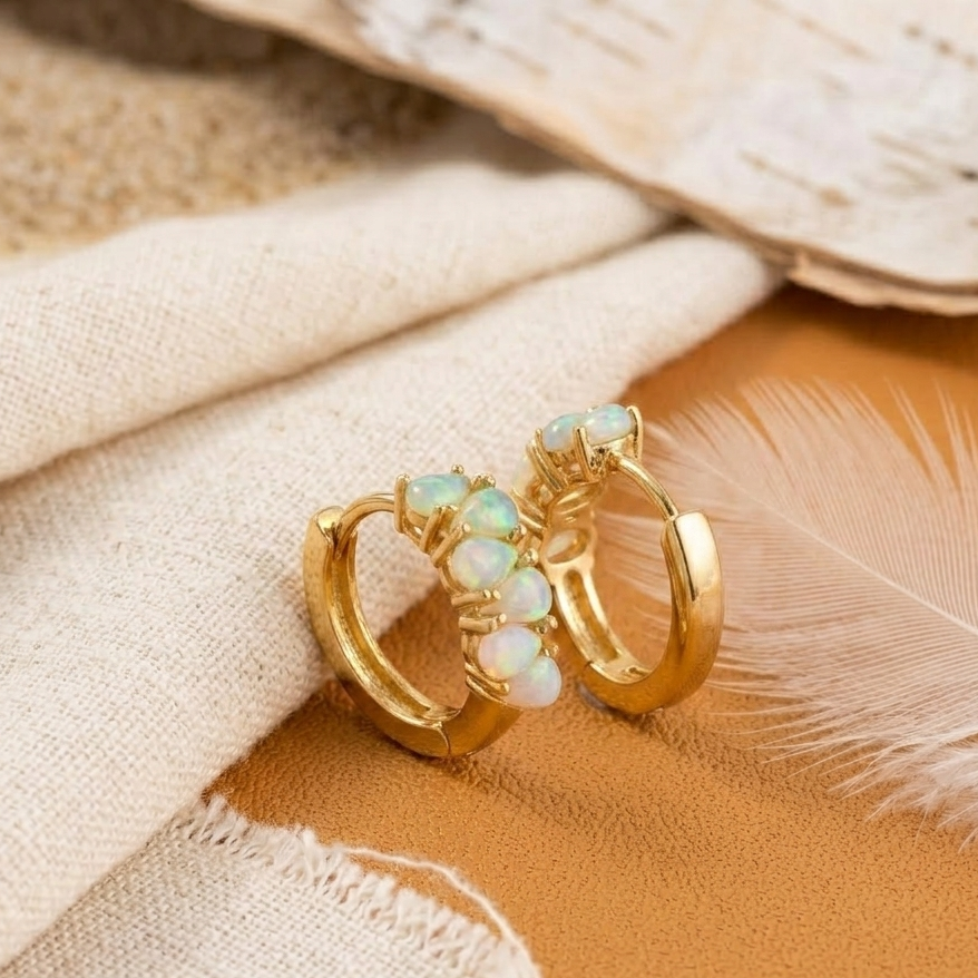 Pear Cut White Opal Huggie Earrings – Gold Plated Opal Drop Hoops for Women
