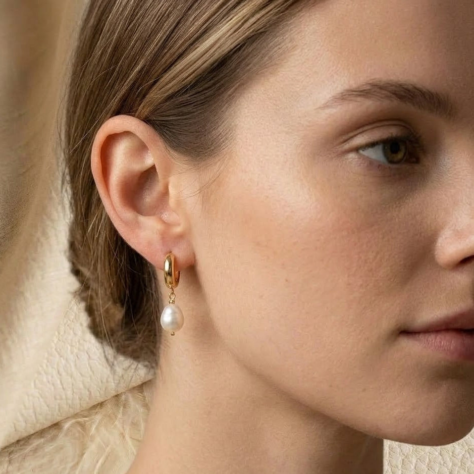 Freshwater Pearl Drop Huggie Earrings – Oval Pearl Dangle Hoops for Women