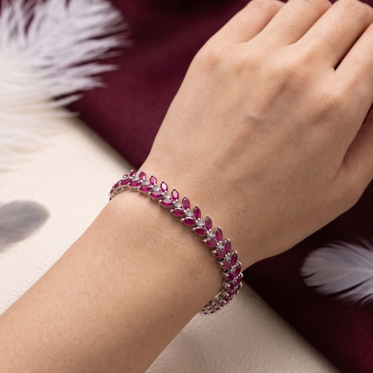 Ruby Marquise Tennis Bracelet – Art Deco Leaf Link Bracelet for Women