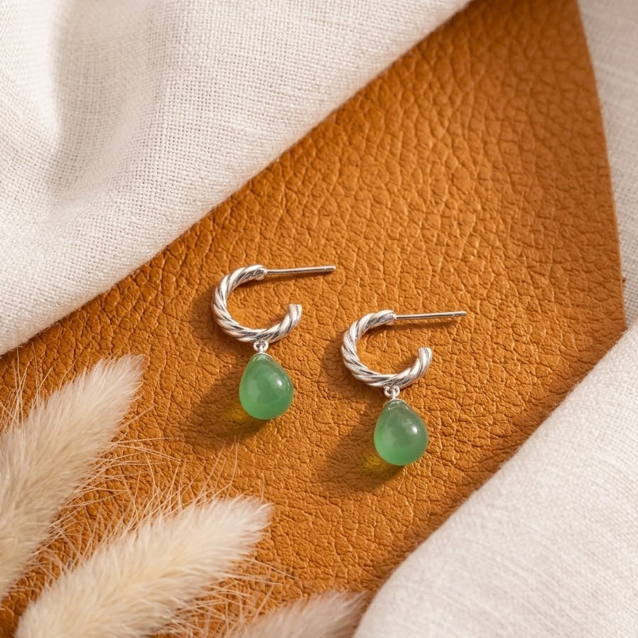 Green Jade Teardrop Dangle Earrings – Twisted Rope Hoop Earrings for Women