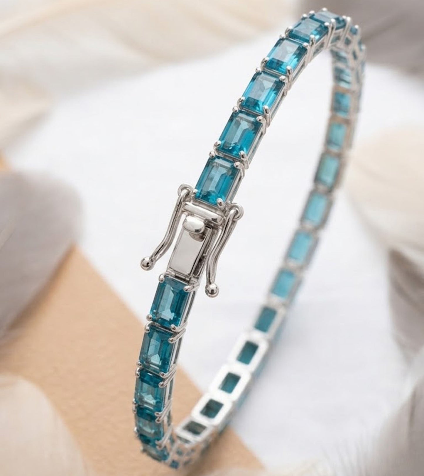 Natural Swiss Blue Topaz Tennis Bracelet – Octagon Cut Gemstone Jewelry for Women