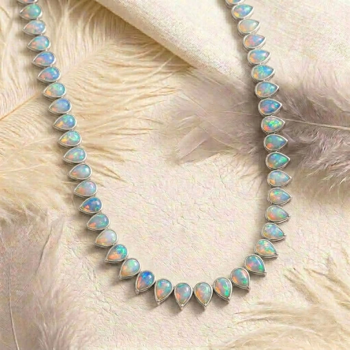 Natural Ethiopian Opal Tennis Necklace – Pear Cut Opal Bezel Choker for Women