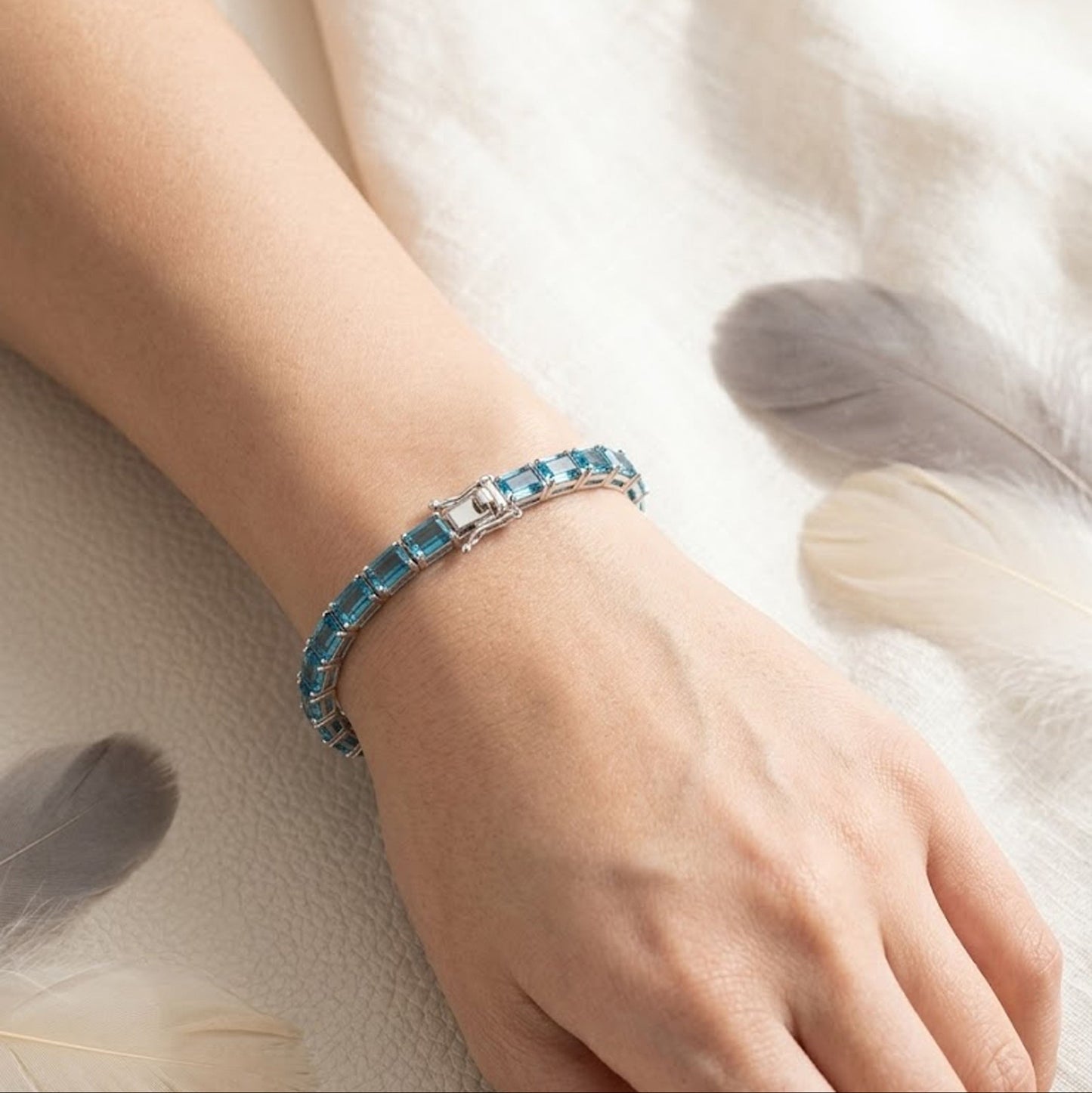 Natural Swiss Blue Topaz Tennis Bracelet – Octagon Cut Gemstone Jewelry for Women