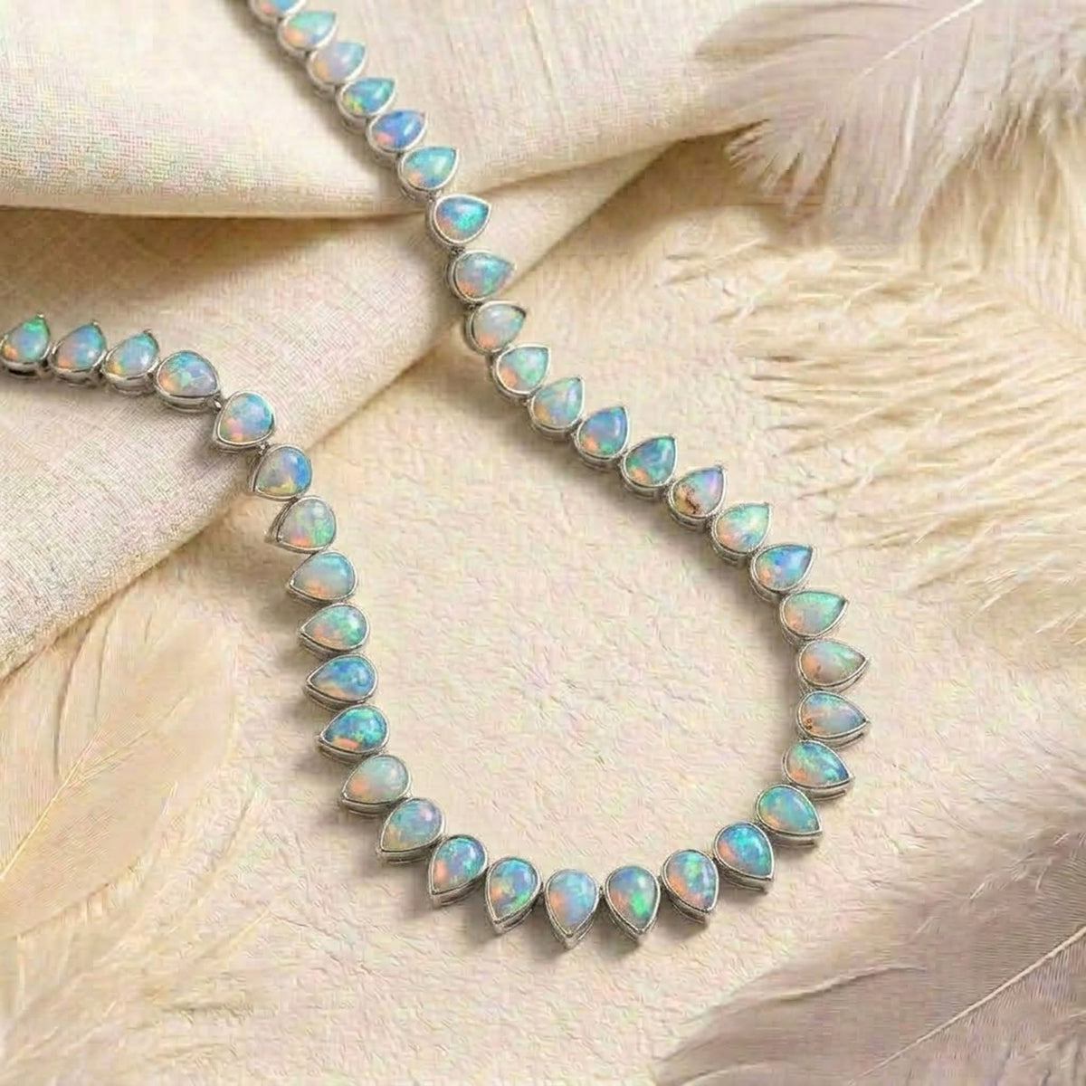 Natural Ethiopian Opal Tennis Necklace – Pear Cut Opal Bezel Choker for Women