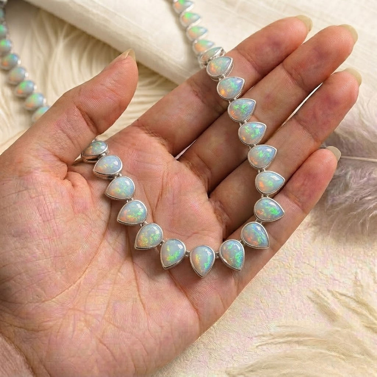 Natural Ethiopian Opal Tennis Necklace – Pear Cut Opal Bezel Choker for Women