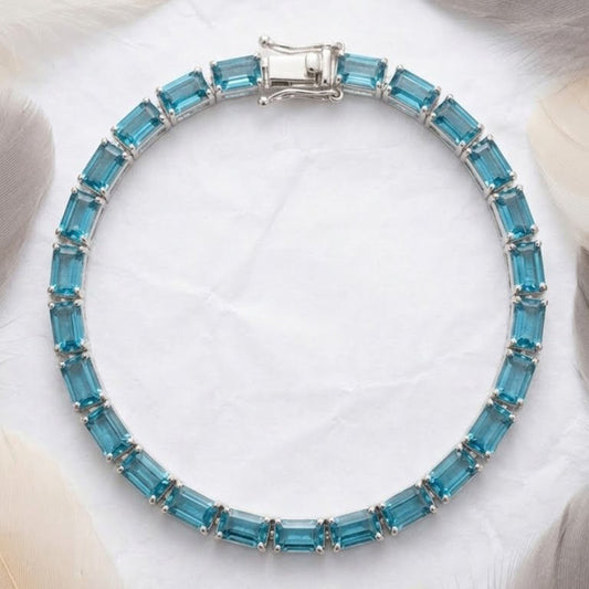 Natural Swiss Blue Topaz Tennis Bracelet – Octagon Cut Gemstone Jewelry for Women