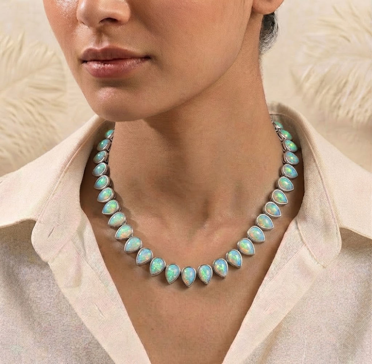 Natural Ethiopian Opal Tennis Necklace – Pear Cut Opal Bezel Choker for Women