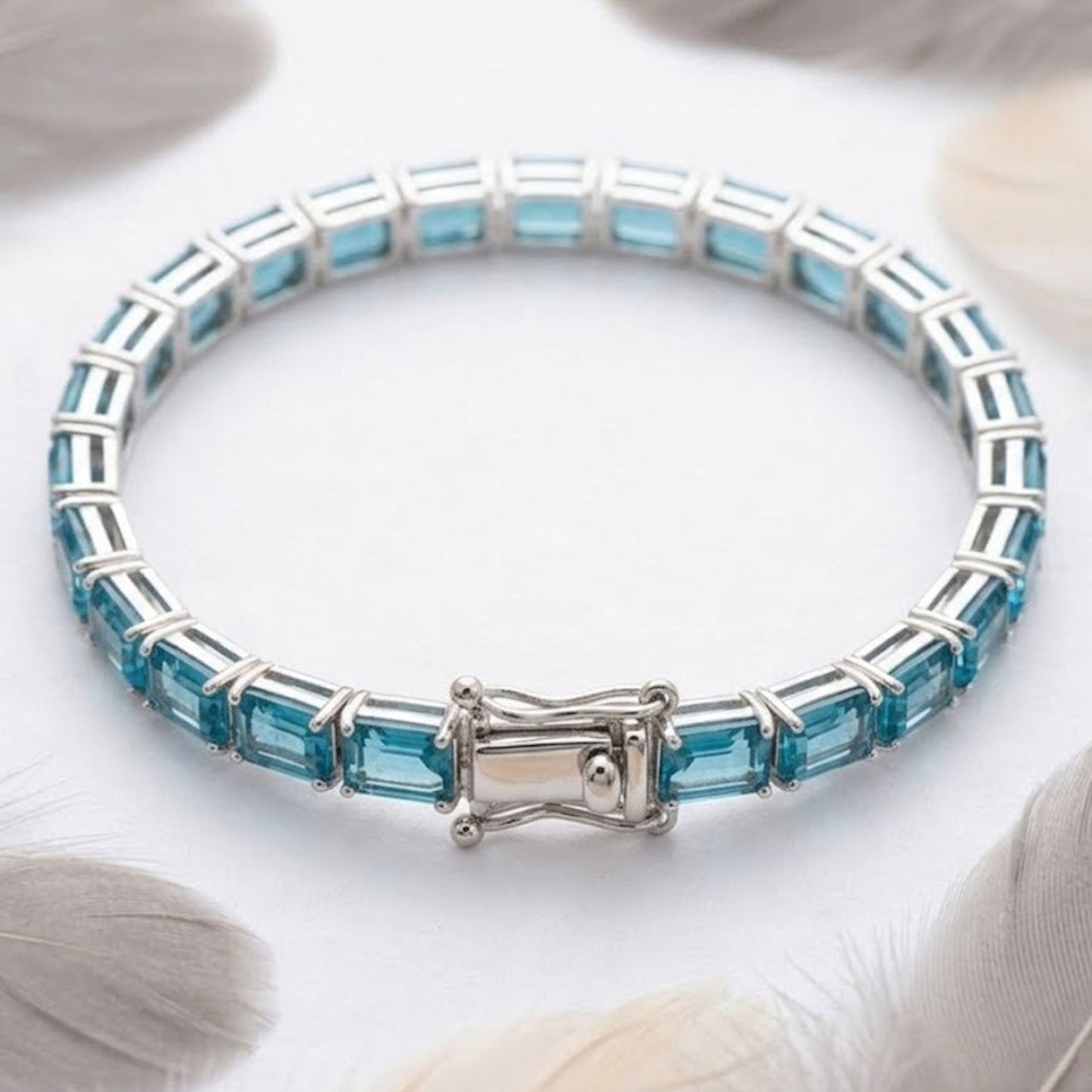 Natural Swiss Blue Topaz Tennis Bracelet – Octagon Cut Gemstone Jewelry for Women