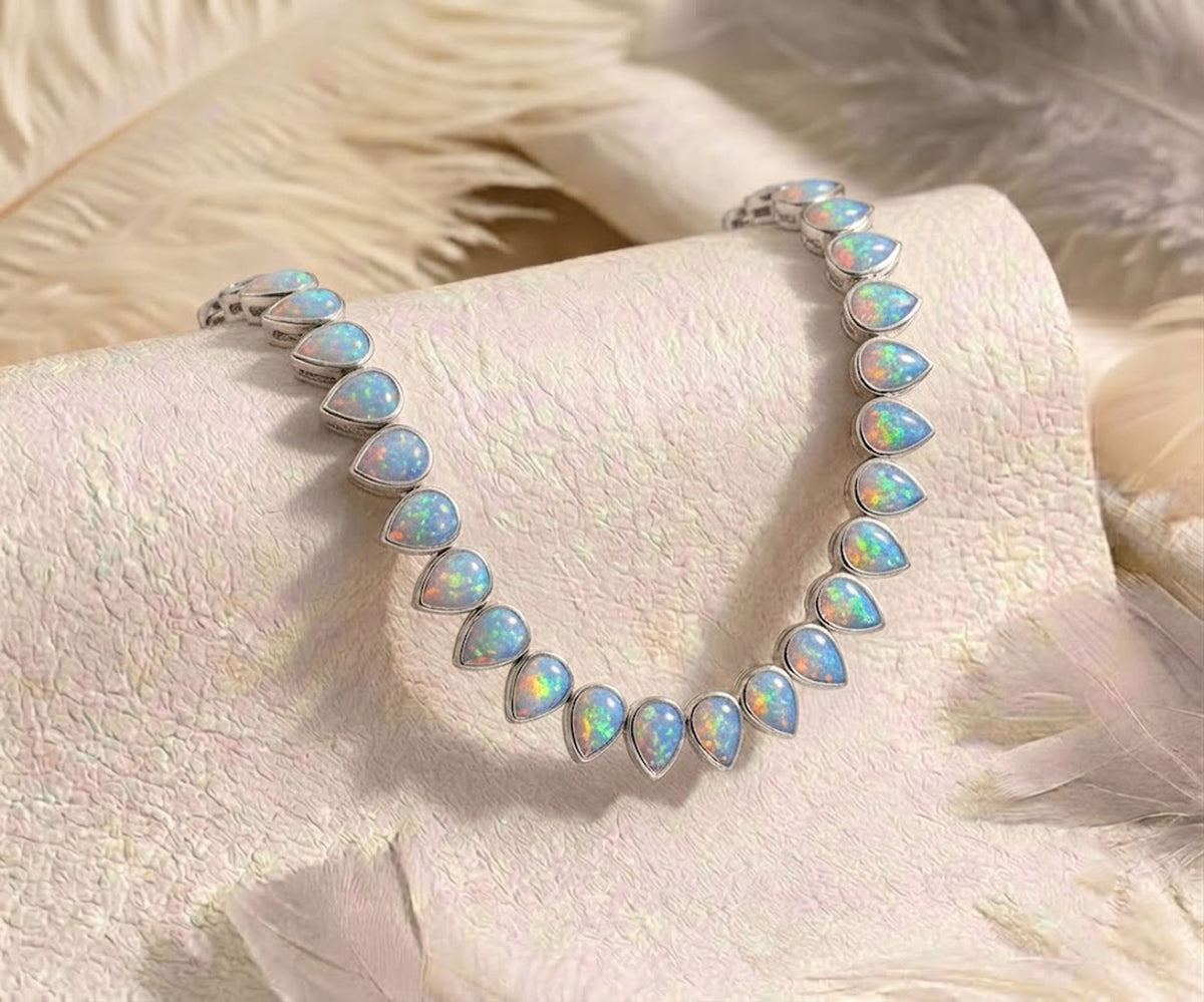 Natural Ethiopian Opal Tennis Necklace – Pear Cut Opal Bezel Choker for Women