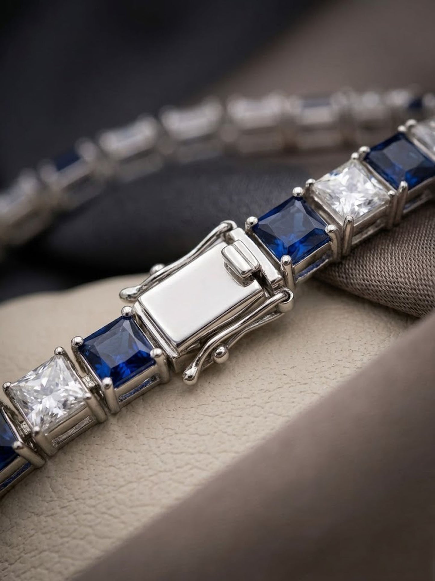Natural Blue Sapphire & Moissanite Tennis Bracelet – Square Gemstone Jewelry for Women