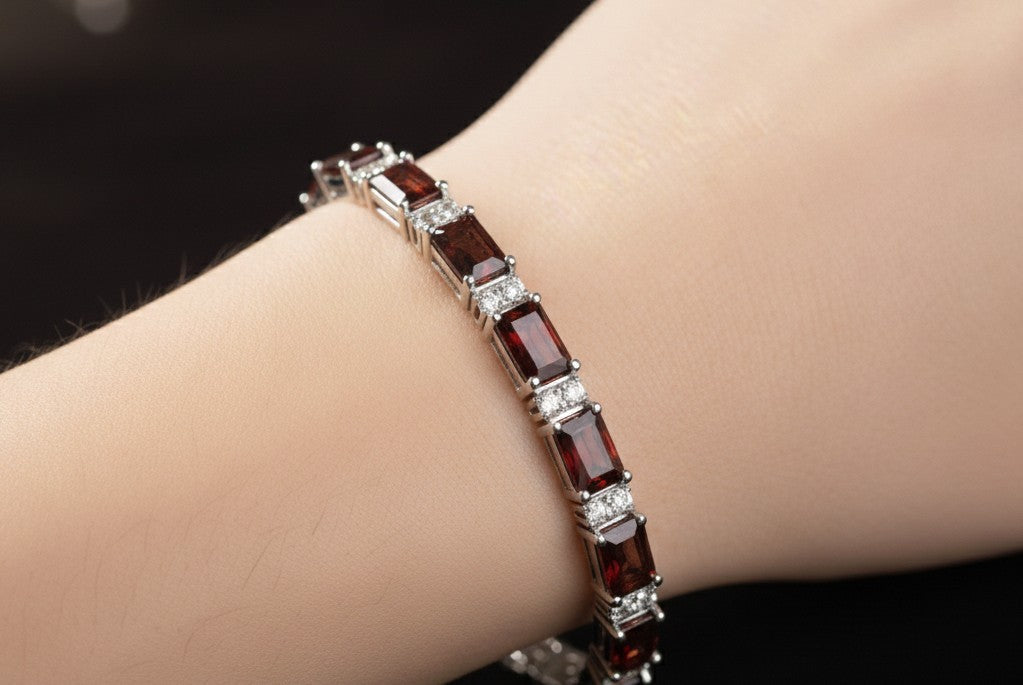 Garnet & Moissanite Tennis Bracelet in Sterling Silver