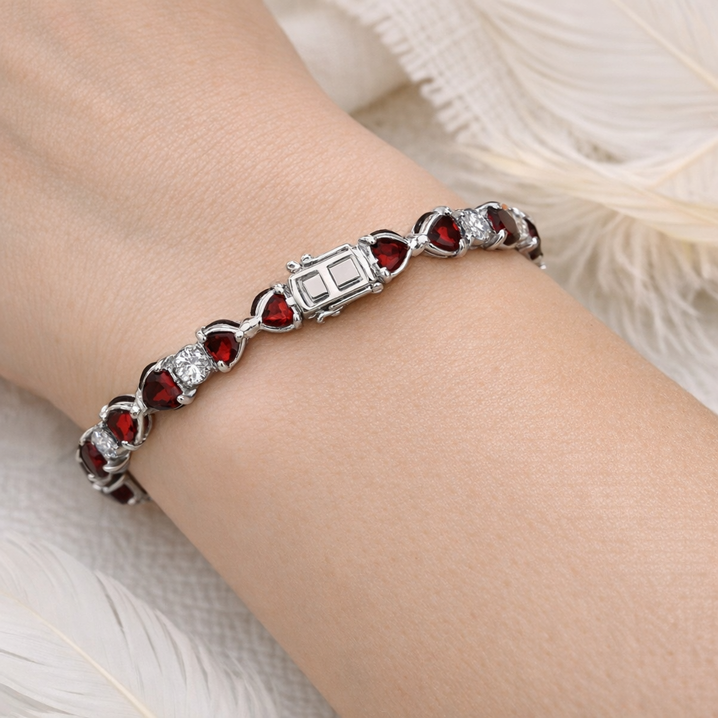 Romantic Garnet & Moissanite Heart Tennis Bracelet – Handmade Gemstone Jewelry