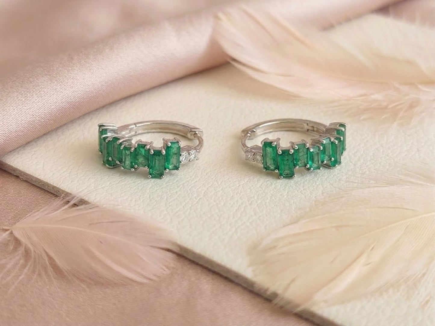 Emerald & Moissanite Baguette Hoop Earrings – Green Gemstone Huggies for Women